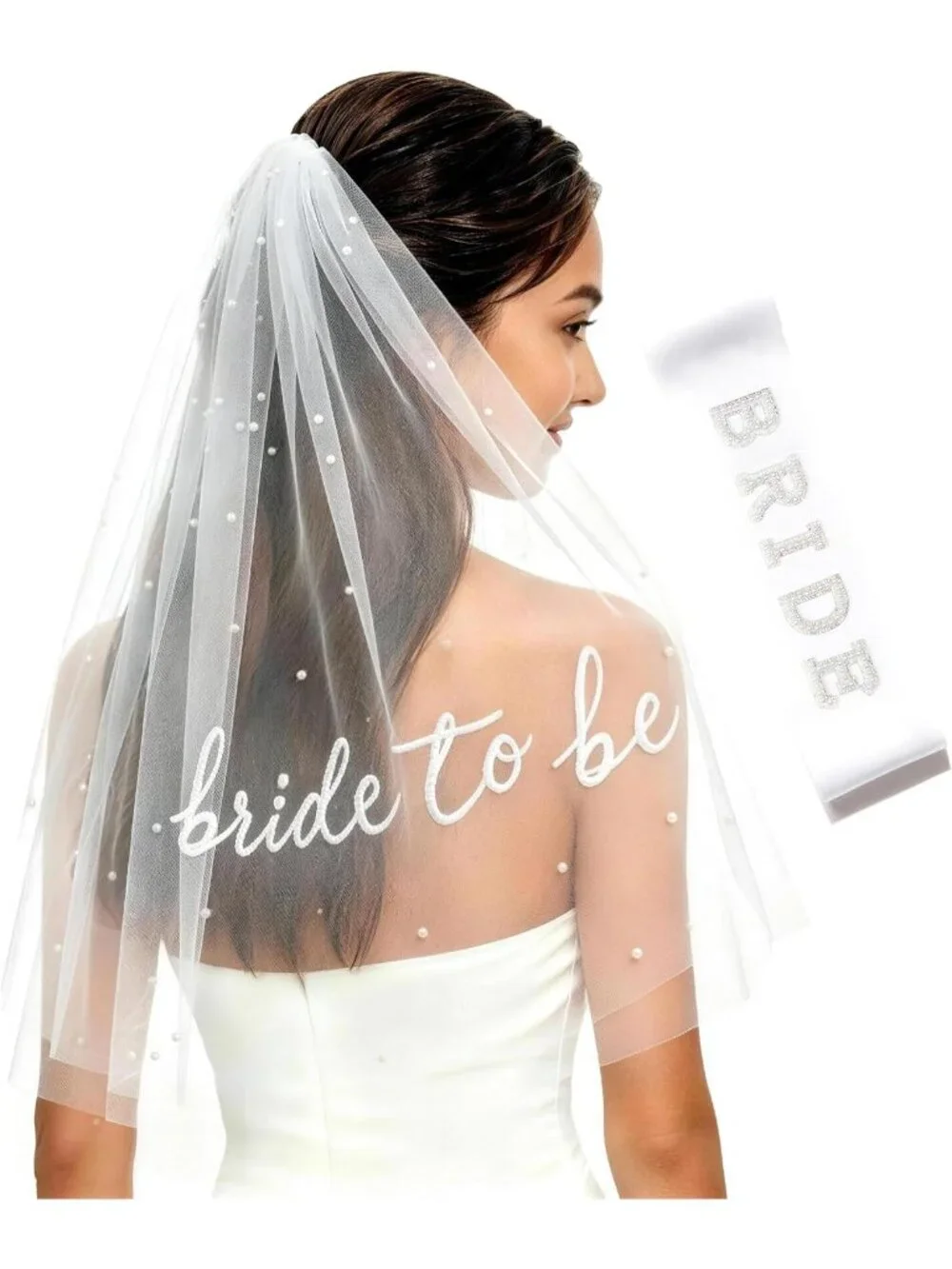 Women's White Bride To Be Embroidered Pearl 2 Tier Veil Imported Scarf